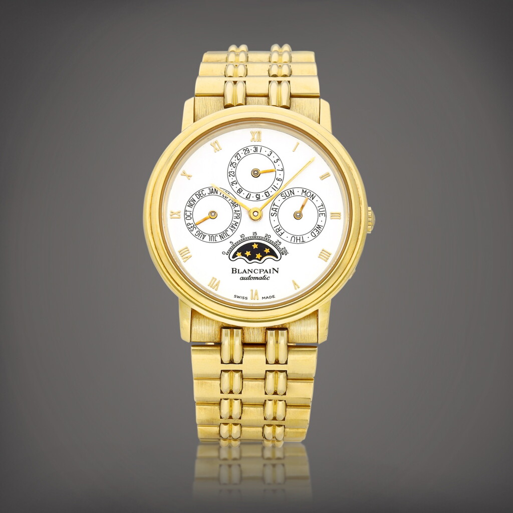 View full screen - View 1 of Lot 8774. Blancpain | Villeret | A yellow gold perpetual calendar wristwatch with moon phases and bracelet, Circa 1995 | 寶珀 | Villeret | 黃金萬年曆鏈帶腕錶,備月相顯示,約1995年製.