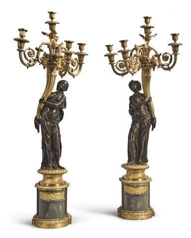 View full screen - View 1 of Lot 825. A PAIR OF LOUIS XVI GILT AND PATINATED BRONZE FOUR-LIGHT FIGURAL CANDELABRA ATTRIBUTED TO FRANCOIS REMOND, CIRCA 1785.