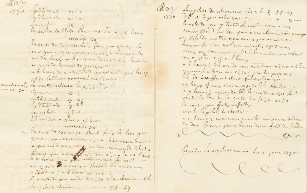 View full screen - View 1 of Lot 158. Journal de navigation du navire Le Vigilant. 1770. Manuscrit. Quand Pierre Poivre tente de briser le monopole hollandais du commerce des épices. .