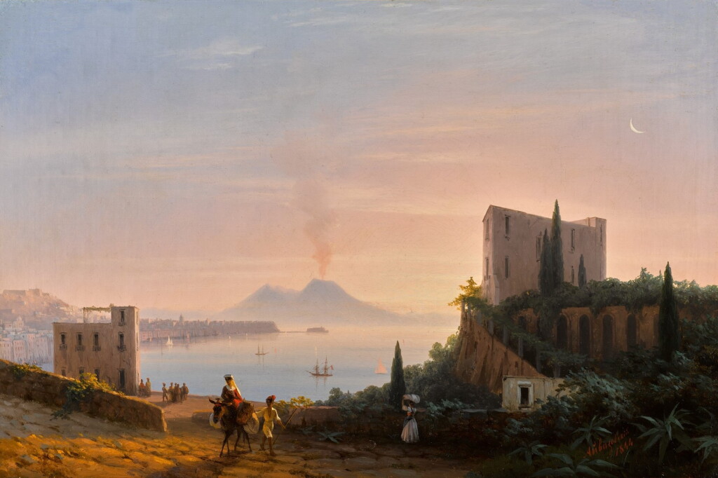 View full screen - View 1 of Lot 5. A Pair of Southern Italian Views: View of the Gulf of Naples from Posilippo with the Palazzo Donn’Anna, New Moon and a View of the Bay of Pozzuoli on a Moonlit Night, with the Islands of Nisida and Ischia in the Background, Full Moon.