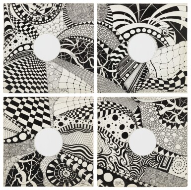 View full screen - View 1 of Lot 96. EGYPTIAN LOVER | UNTITLED INSTALLATION OF 4 ORIGINAL PEN-AND-INK DRAWINGS ON LP SLEEVES, VARIOUS DATES.