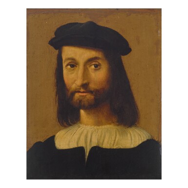 View full screen - View 1 of Lot 41. CENTRAL ITALIAN SCHOOL, CIRCA 1510 | PORTRAIT OF A BEARDED MAN IN A WHITE SHIRT, BLACK DOUBLET AND BLACK CAP, BUST-LENGTH.