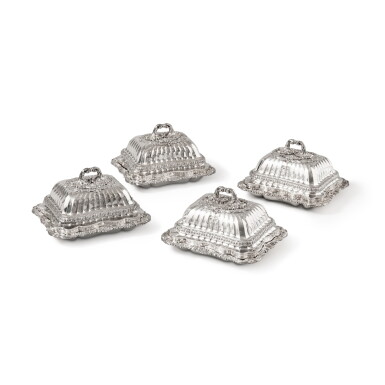 View full screen - View 1 of Lot 881. A set of four George III silver entrée-dishes and covers from the Duchess of St. Albans Service, Paul Storr of Storr & Co., for Rundell, Bridge & Rundell, London, 1817.