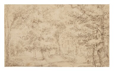 View full screen - View 1 of Lot 91. Densely wooded landscape with deer by a pond.