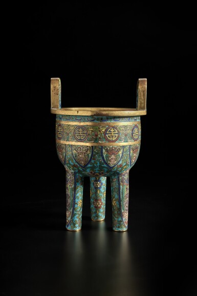 View full screen - View 1 of Lot 180. A cloisonné enamel tripod vessel (Ding), Qing dynasty, Qianlong period .