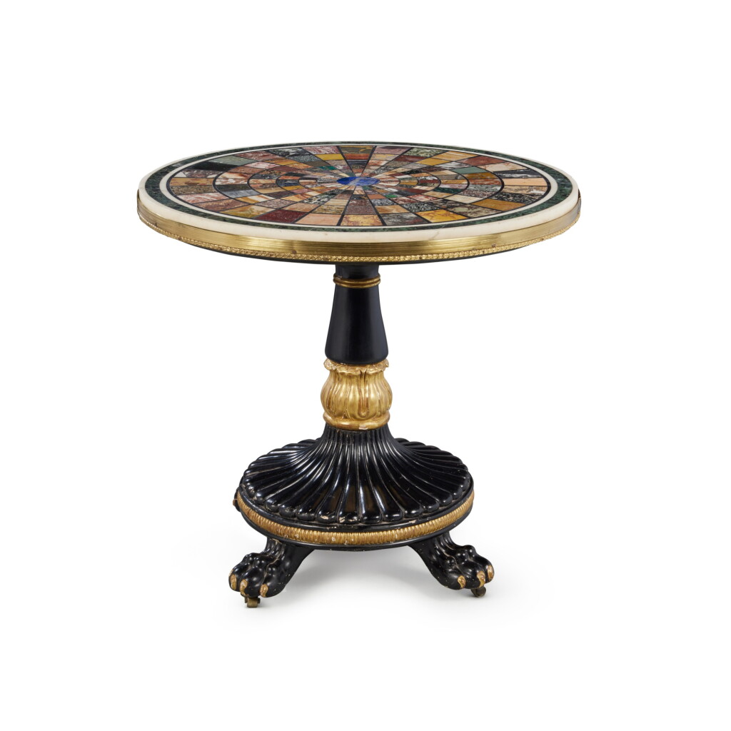 View full screen - View 1 of Lot 192. A Regency Ebonised and Parcel Gilt Specimen Marble Centre Table, Circa 1815.