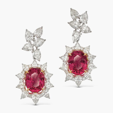 View full screen - View 1 of Lot 1748. Pair of Pink Spinel and Diamond Pendent Earrings | 6.11 及 5.46克拉 天然「坦桑尼亞」未經加熱粉紅色尖晶石 配 鑽石 耳墜 一對.