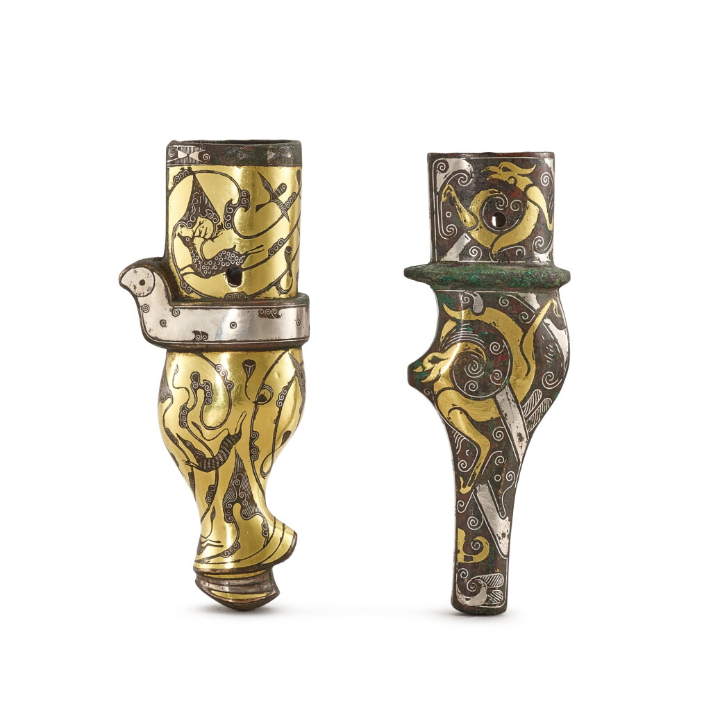 View full screen - View 1 of Lot 3004. Two gold and silver-inlaid bronze ferrules, Eastern Zhou dynasty, Warring States period - Han dynasty 東周戰國至漢 銅錯金銀鐏一組兩件.
