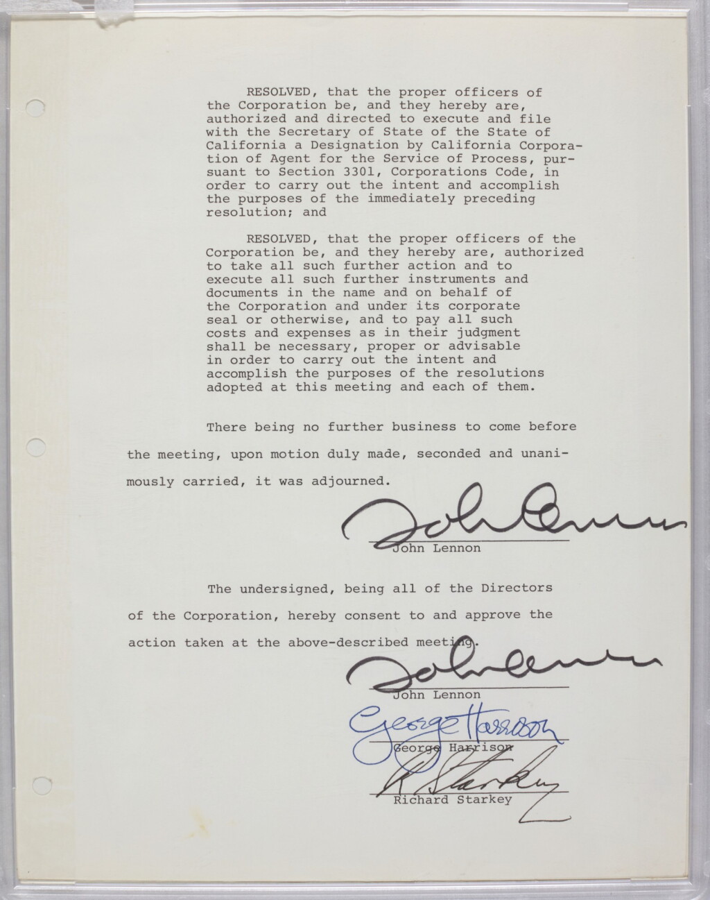 View full screen - View 1 of Lot 59. APPLE CORPS | Minutes of a meeting, signed by Lennon (twice), Harrison, and Starr, 1973.