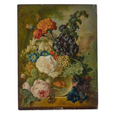 View full screen - View 1 of Lot 256. JAN VAN OS | STILL LIFE OF VARIOUS FLOWERS ARRANGED IN A GLASS VASE WITH GOLDFISH, TWO BUTTERFLIES, AND OTHER INSECTS, ALL ON A STONE LEDGE.