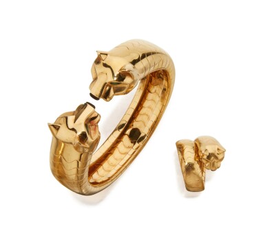 View full screen - View 1 of Lot 47. GOLD AND EMERALD 'PANTHÈRE' CUFF-BRACELET AND RING, CARTIER, FRANCE.