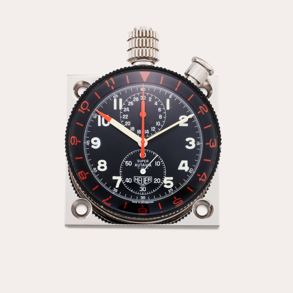 View full screen - View 1 of Lot 95. Super Autavia | A stainless steel and aluminum dashboard-mounted chronograph watch, Circa 1960.
