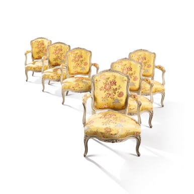 View full screen - View 1 of Lot 119. A set of six Louis XV white lacquered wood armchairs from the château de Saint Cloud, stamped by Louis I Cresson, circa 1760 | Suite de six fauteuils en bois laqué blanc d'époque Louis XV provenant du château de Saint-Cloud, estampille de Louis I Cresson vers 1760.