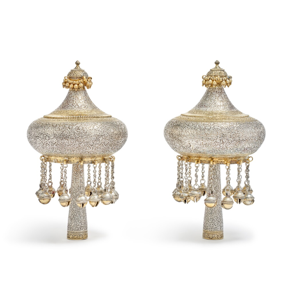 View full screen - View 1 of Lot 93. A Rare Pair of Indian Parcel-Gilt Silver Torah Finials, late 19th century.