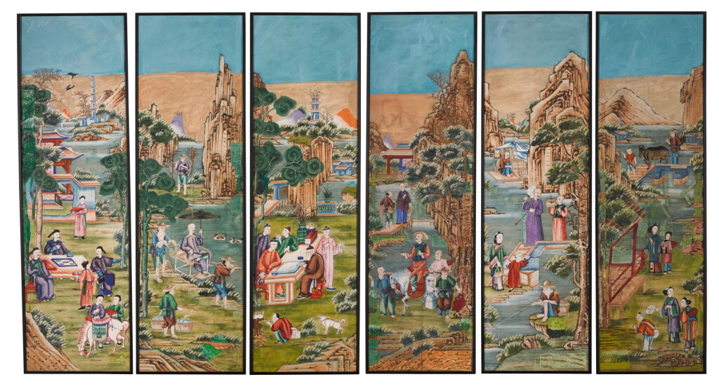 View full screen - View 1 of Lot 97. A set of six Chinese Export style painted wallpaper panels, 19th century.
