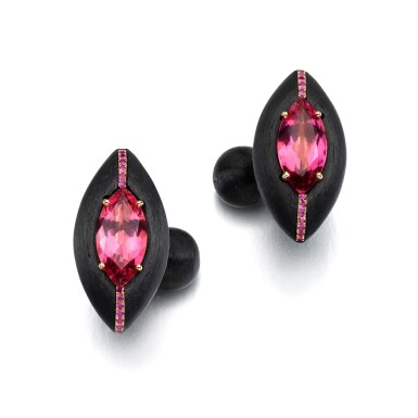 View full screen - View 1 of Lot 1045. Pair of carbon fibre, gold and pink titanium, pink tourmaline and pink sapphire cufflinks .