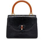 Black Crocodile and Bakelite Top Handle Bag Gold Hardware, 1960s