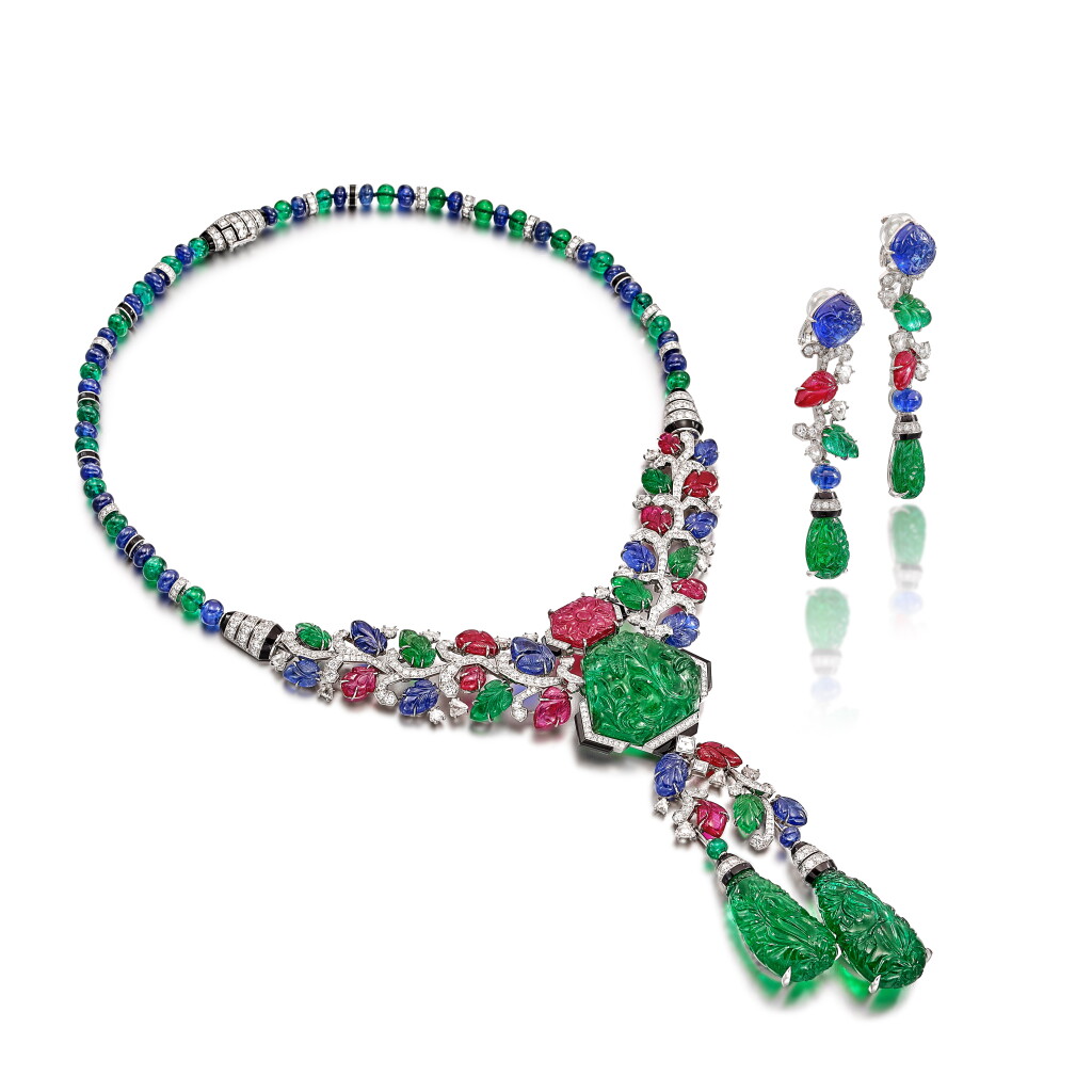 View full screen - View 1 of Lot 86. An Impressive 'Tutti Frutti' Gem Set and Diamond Demi-Parure | 卡地亞 | 卓越非凡 'Tutti Frutti' 寶石配鑽石套裝.
