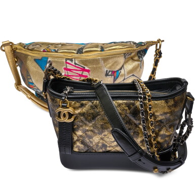 View full screen - View 1 of Lot 72. Set of Two: Gold And Black Metallic Quilted Calfskin Gabrielle Hobo Small, 2018 and Canvas Gold and Multicolor Graffiti Print Crossbody, 2019.