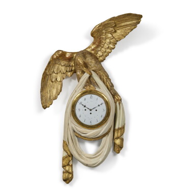 View full screen - View 1 of Lot 221. A Large Austrian Neoclassical Parcel-Gilt and Painted Wood Wall Clock, Early 19th Century.
