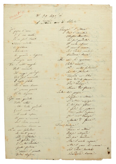 View full screen - View 1 of Lot 54. Italian Risorgimento. Collection of poems by Fusinato and letters by Cavour, Mazzini, Battisti and others.