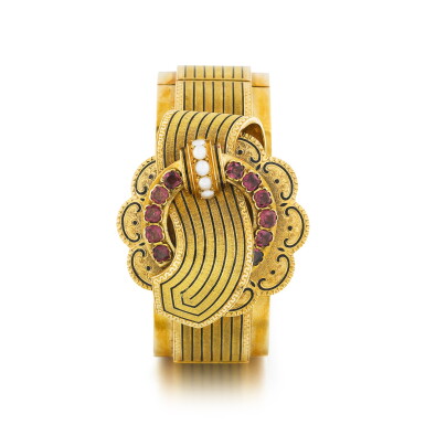 View full screen - View 1 of Lot 305. Bracelet émail, grenats et perles fines, fin du 19e siècle | Enamel, garnets and natural pearls bracelet, late 19th century.