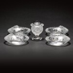 A set of four Lalique ashtrays and a table lighter, modern