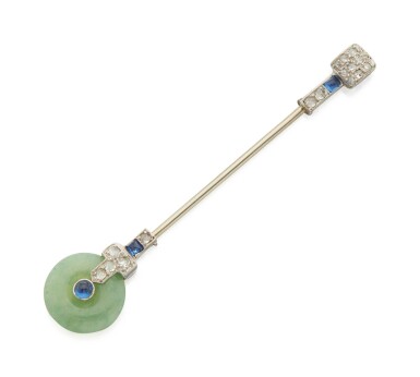 View full screen - View 1 of Lot 82. JADE, SAPPHIRE AND DIAMOND JABOT PIN, CARTIER.