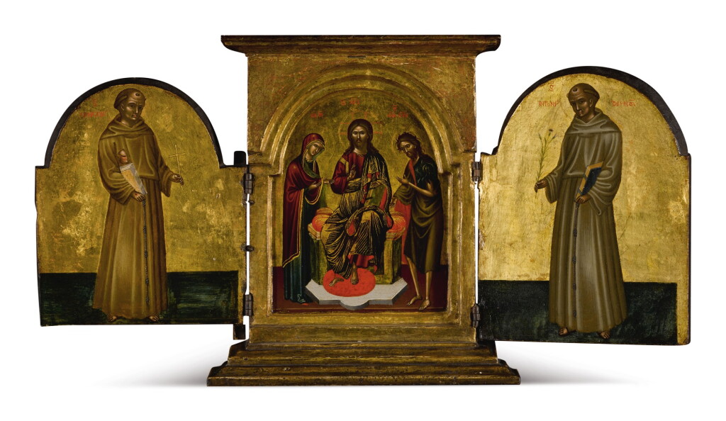 View full screen - View 1 of Lot 138. Sudarium (St. Veronica's Veil), St. George slaying a dragon, St. Francis of Assisi, St. Anthony of Padua, the Deesis: a triptych.