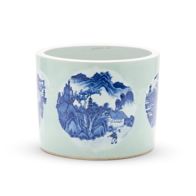 View full screen - View 1 of Lot 137. A celadon-ground blue and white scrollpot, Qing dynasty, 19th century | 清十九世紀 粉青地開光青花山水紋畫筒.