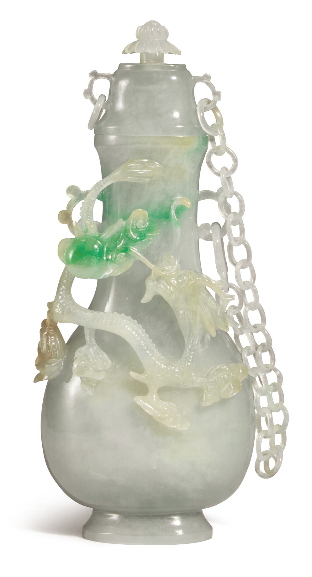 View full screen - View 1 of Lot 644. A jadeite 'dragon' vase and cover, Qing dynasty, late 19th century.