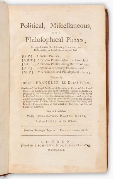 View full screen - View 1 of Lot 120. Benjamin Franklin | The only collected edition of his writings published during his lifetime with his consent.