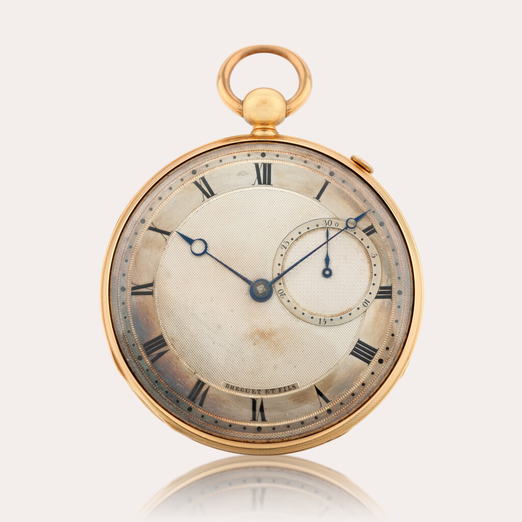 View full screen - View 1 of Lot 12. A 20ct gold open-faced quarter repeating 1st class ruby cylinder watch with date, original Breguet certificate and presentation case, gold chains and ratchet key.