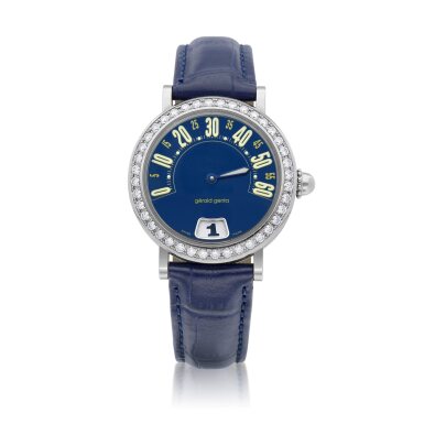 View full screen - View 1 of Lot 8788. Retro, Reference G.3634 | A stainless steel and diamond-set jumping hours wristwatch with retrograde minutes, Circa 2000 Retro | 型號G.3634 | 精鋼鑲鑽石跳時腕錶,備逆跳分鐘,約2000年製.