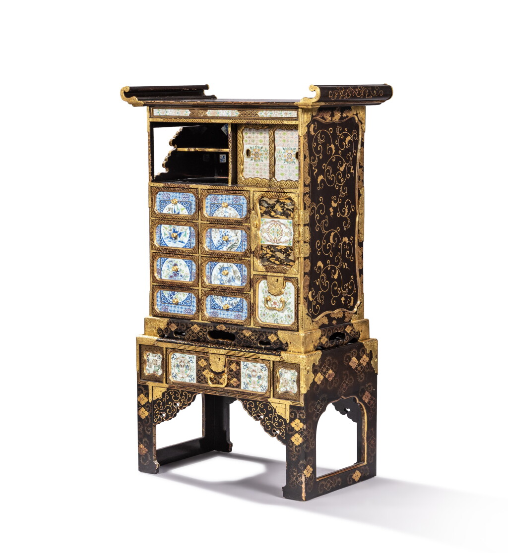 View full screen - View 1 of Lot 155. A Japanese gilt-metal mounted Ro-Iro lacquer and porcelain plaques cabinet, Meiji period, circa 1880.