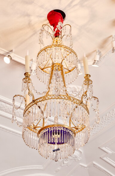 View full screen - View 1 of Lot 843. A North European four-light clear and blue-colored glass chandelier, circa 1800.