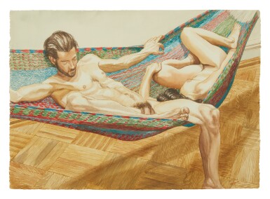 View full screen - View 1 of Lot 569. PHILIP PEARLSTEIN | MALE AND FEMALE MODELS ON A STRIPED HAMMOCK.
