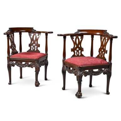 View full screen - View 1 of Lot 66. A pair of George II carved mahogany ‘smoking’ corner chairs, probably Lancashire, third quarter 18th century, possibly by Robert Gillow & Son.