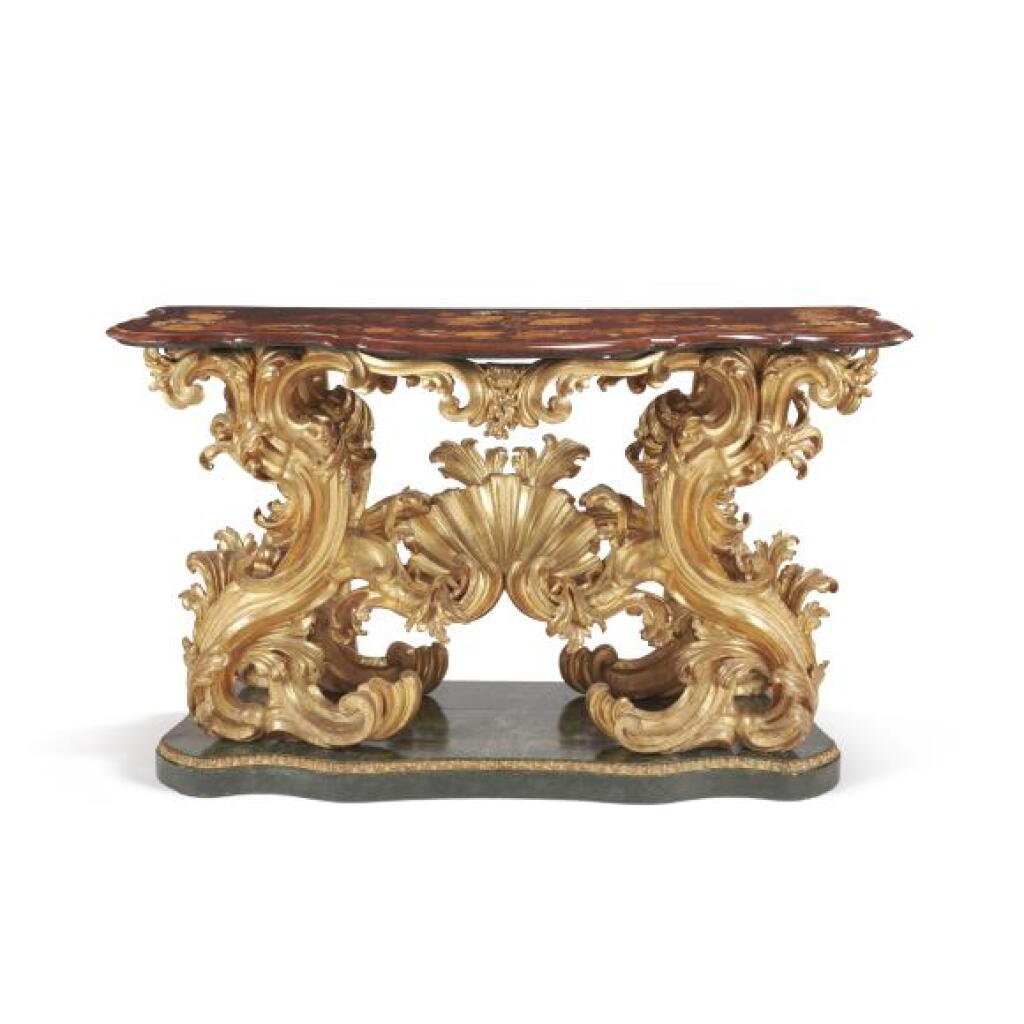 View full screen - View 1 of Lot 142. An Italian carved giltwood console table with an ivory and rosewood marquetry top, Venice, late 17th-early 18th century, attributed to Lucio di Lucci.