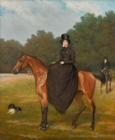 View full screen - View 1 of Lot 77. Equestrian portrait of a lady, traditionally said to be Miss Mary Jane Keith (1811–1891), with Lord Rivers’ groom and a black spaniel .