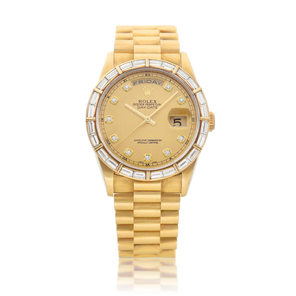 View full screen - View 1 of Lot 2196. Day-Date, Reference 18368 | A yellow gold and diamond-set wristwatch with day, date and bracelet, Circa 1991 | 勞力士 | Day-Date 型號18368 | 黃金鑲鑽石鏈帶腕錶,備日期及星期顯示,約 1991年製.