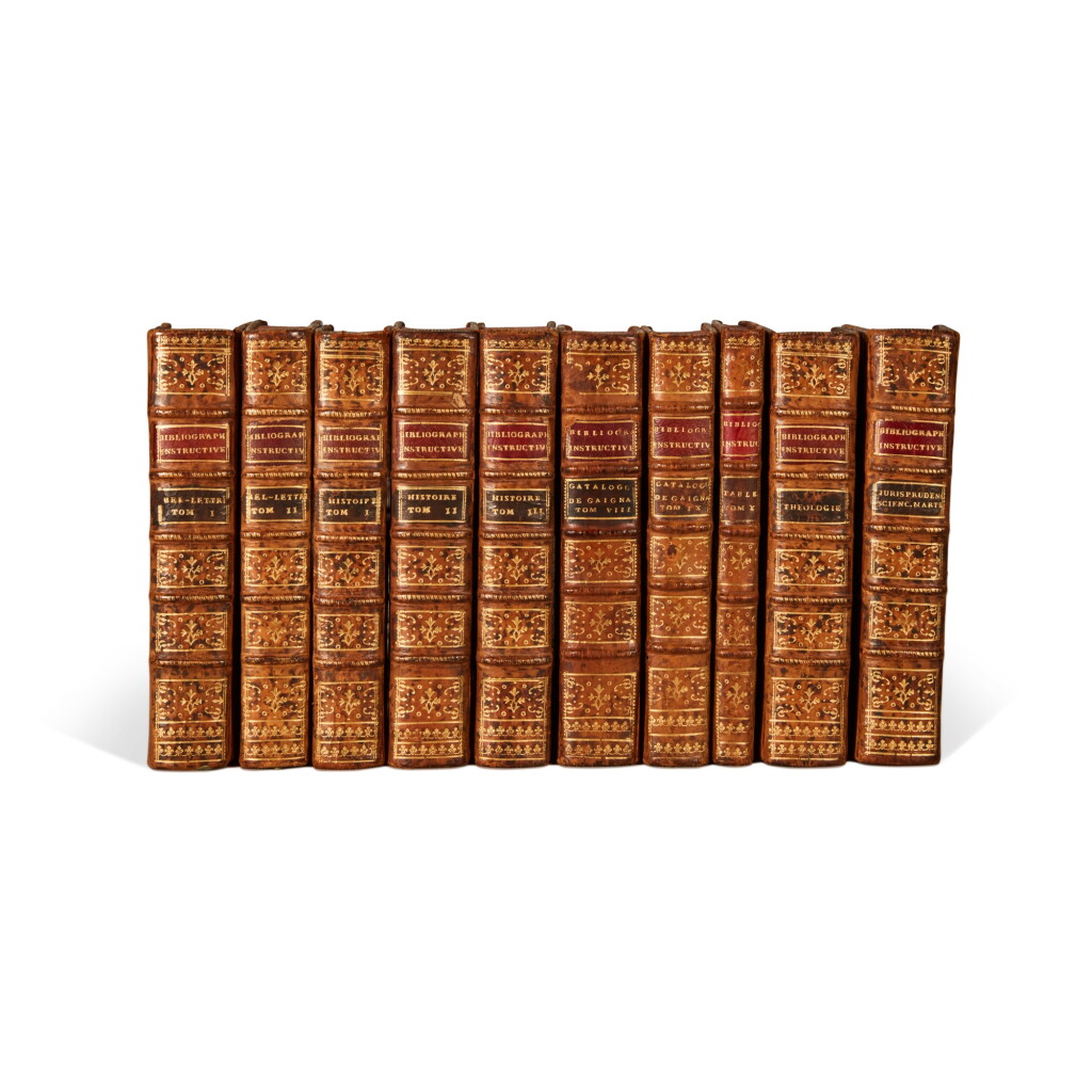 View full screen - View 1 of Lot 1615. Bure, Bibliographie instructive, Paris, 1763-1782, 10 volumes, contemporary French mottled calf, Anthony Hobson's copy.