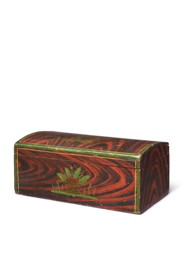 View full screen - View 1 of Lot 1651. FINE GRAIN-PAINTED PINE AND BASSWOOD DOME-TOP BOX, MAINE, CIRCA 1820-40.