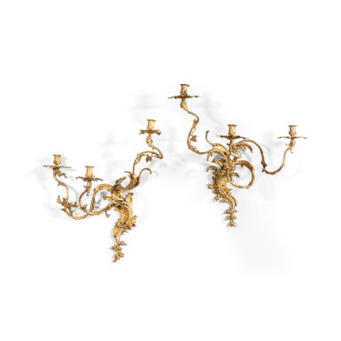 View full screen - View 1 of Lot 59. A pair of North German gilt-bronze three-light wall-lights, probably Berlin mid-18th century .