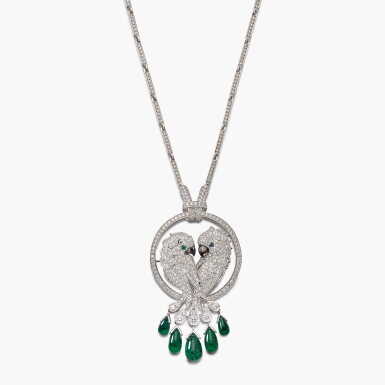 View full screen - View 1 of Lot 1685. Emerald, Mother-of-Pearl, Sapphire and Diamond ‘Les Oiseaux Libérés’ Pendent Necklace | 卡地亞 | 祖母綠 配 貝母 配 藍寶石 及 鑽石 ‘Les Oiseaux Libérés’ 項鏈.