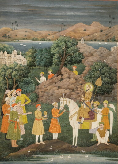 View full screen - View 1 of Lot 9. An Album Page: Indian Miniature Illustrating Shah Jahan Welcomed by Dignitaries, Mughal Style, Circa 1900.