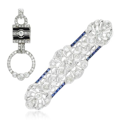 View full screen - View 1 of Lot 178. Sapphire and diamond brooch and a diamond and onyx pendant.