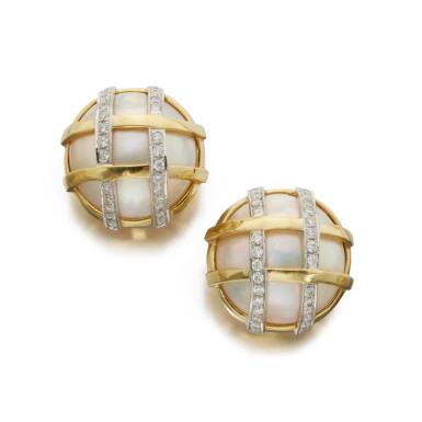 View full screen - View 1 of Lot 408. Pair of Gold, Mabé Pearl and Diamond 'Duchess' Earclips.
