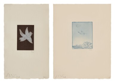 View full screen - View 1 of Lot 196. Oiseau par dessus le toît dans le ciel bleu; and Petit oiseau bleu à l'envol.