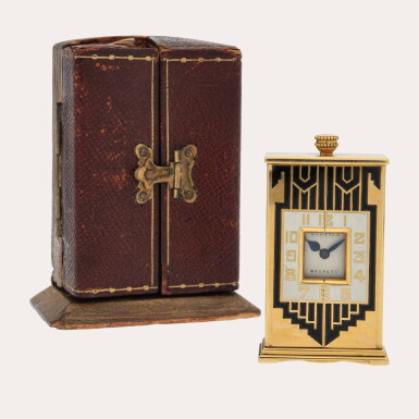 View full screen - View 1 of Lot 48. A fine 18ct gold and enamel miniature desk/boudoir clock, Circa 1929.